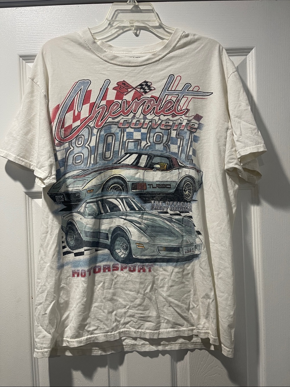 Chemistry White Corvette Motorsport Graphic Tee with Red & Blue Accents